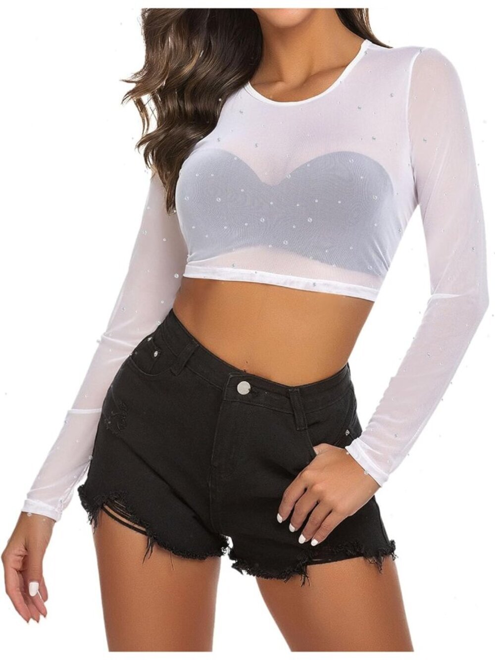 Women's Z White Sexy Crop Top Mesh Long Sleeve See Through Clubwear Sheer